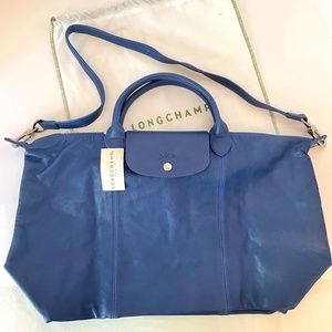 Longchamp Le Pliage Cuir LARGE Blue Travel Bag Lambskin Leather